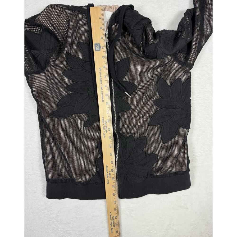 Anthropologie AVEC LES FILLES Mesh Hoodie Sz M Black Blush Floral Embroidery Zip - Picture 7 of 9